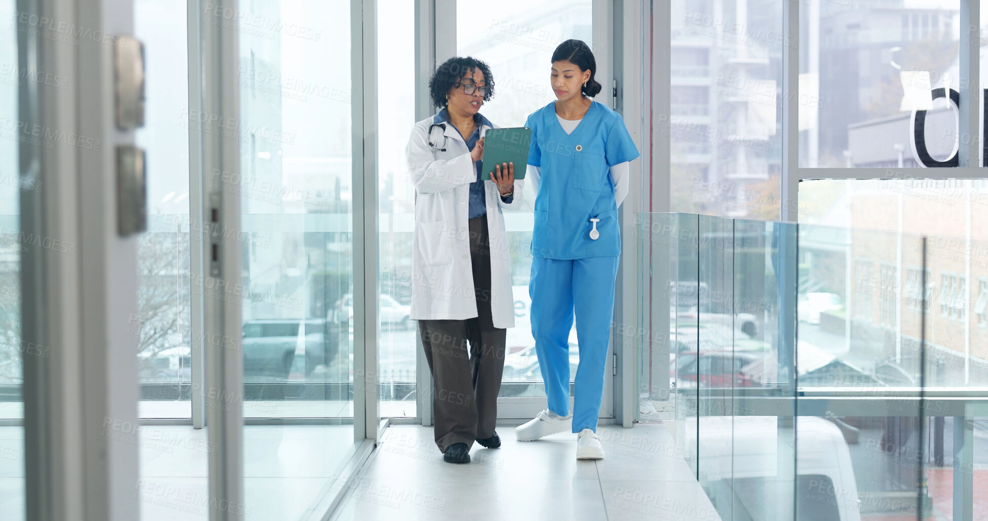 Buy stock photo Medical, feedback and team with tablet, hospital briefing and patient review for treatment plan. Women, doctor or nurse with collaboration, diagnosis discussion or healthcare research in post surgery