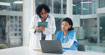Doctor, nurse and talk in hospital with laptop, mentorship and help for medical research case study. People, discussion and manager training intern with computer, advice and review healthcare report.
