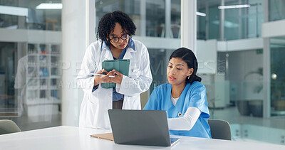 Buy stock photo Doctor, nurse and talk in hospital with laptop, mentorship and help for medical research case study. People, discussion and manager training intern with computer, advice and review healthcare report.