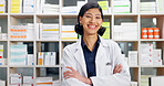Portrait, pharmacist and woman in drugstore with arms crossed, smile or pride for healthcare career. Happy, chemist or person in pharmacy with confidence, about us or knowledge of prescription drugs.
