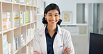 Portrait, chemist and woman in pharmacy with arms crossed, smile and knowledge of prescription drugs. Happy, pharmacist and female person in drugstore with confidence, healthcare career and about us.