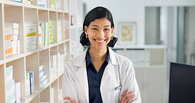 Buy stock photo Portrait, chemist and woman in pharmacy with arms crossed, smile and knowledge of prescription drugs. Happy, pharmacist and female person in drugstore with confidence, healthcare career and about us.