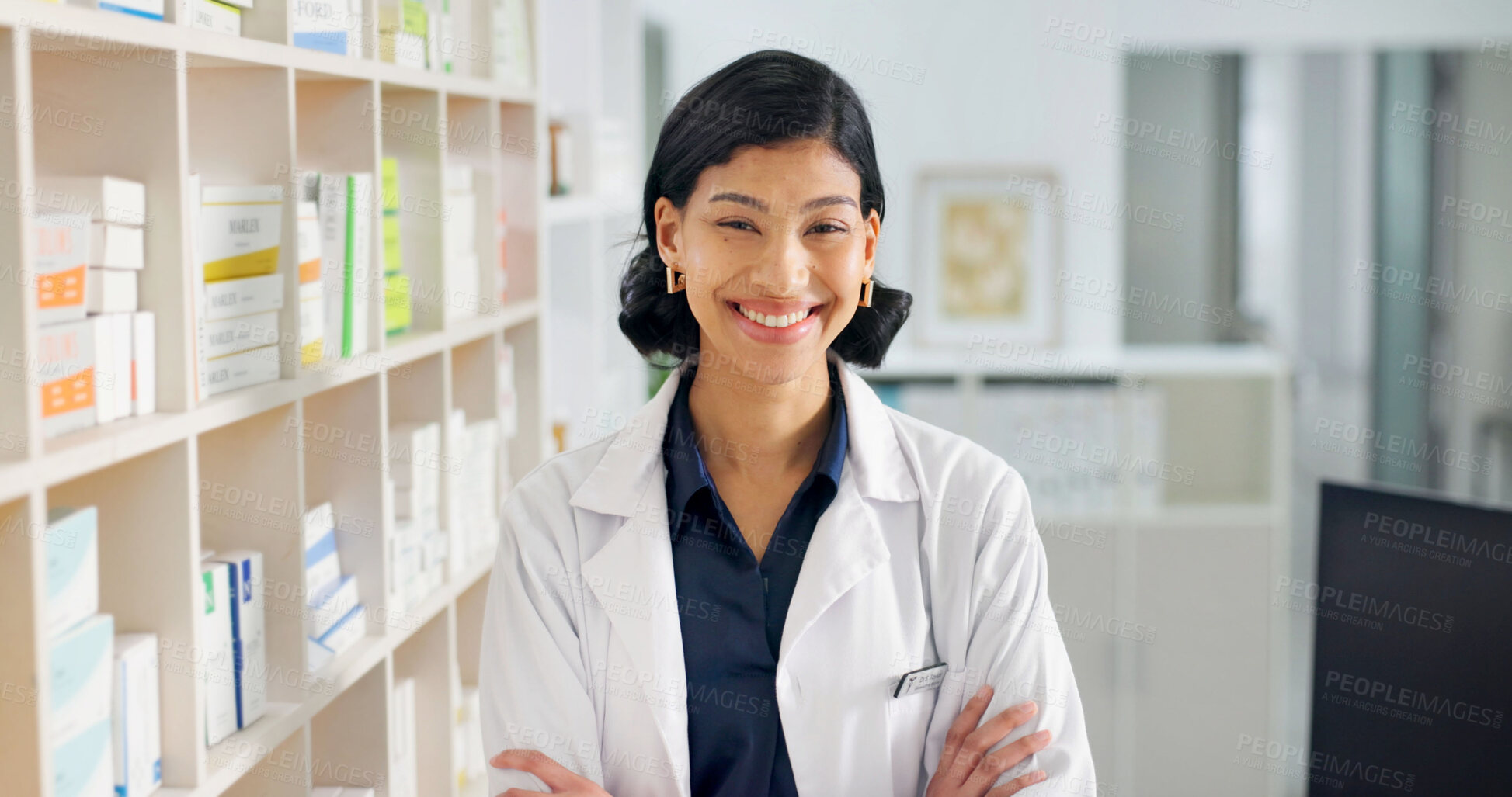 Buy stock photo Portrait, chemist and woman in pharmacy with arms crossed, smile and knowledge of prescription drugs. Happy, pharmacist and female person in drugstore with confidence, healthcare career and about us.
