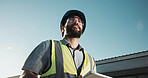 Electrical engineer, thinking and man with tablet, outdoor and safety check for power distribution. Low angle, reflection and happy person with tech, engineering and inspection with glasses and space