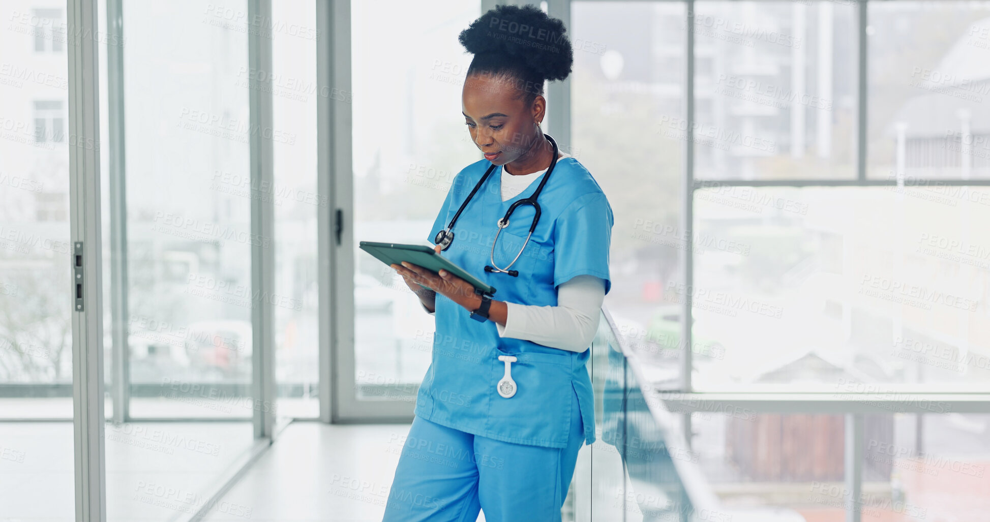 Buy stock photo Nurse, reading and woman with tablet in clinic, healthcare or research for treatment plan on website. Hospital, medical professional and black person with tech, online and scroll diagnosis on app