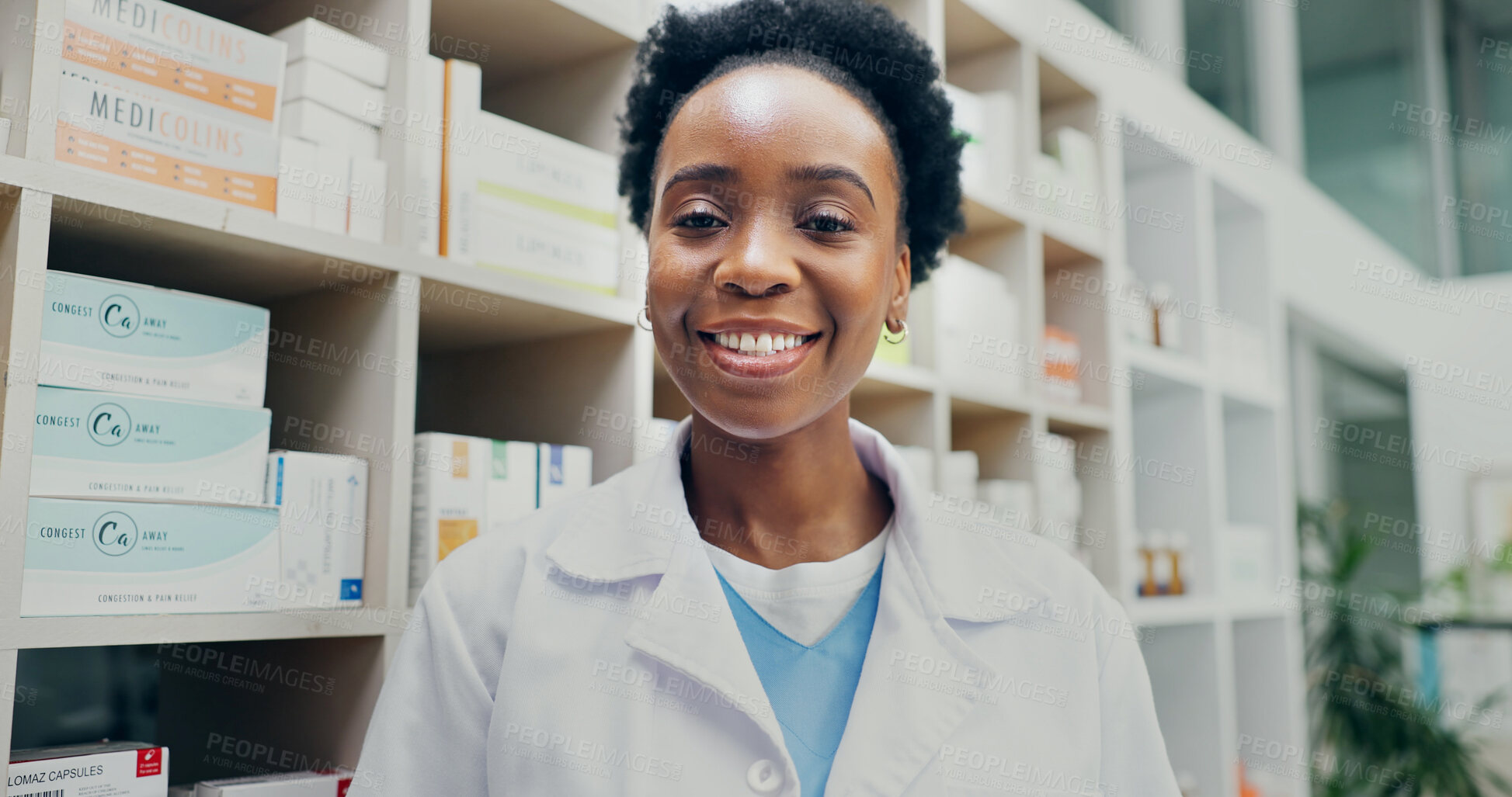 Buy stock photo Medical, portrait or pharmacist with smile, dispensary expert or pride as medicine specialist. Happy, healthcare or black woman with confidence, pharmaceutical care or about us in clinic management.