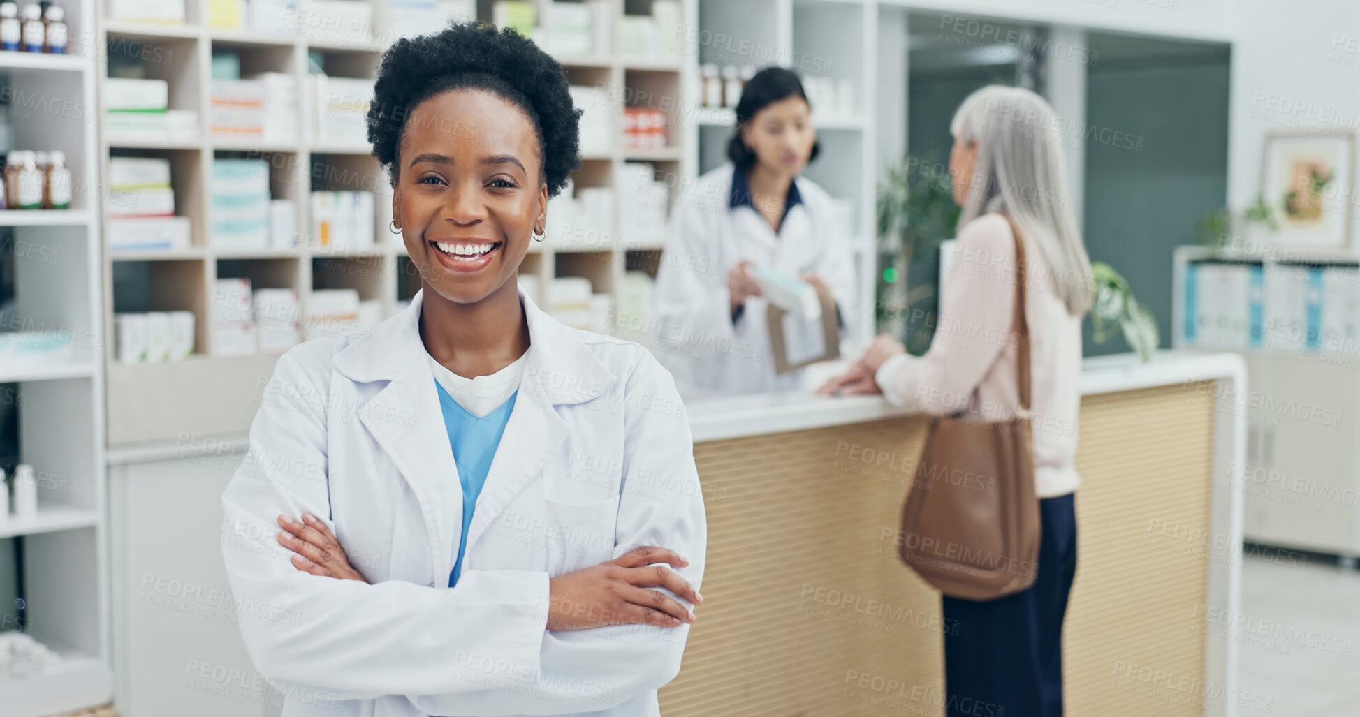 Buy stock photo Medical, portrait or woman with arms crossed, pharmacy expert or pride as medicine specialist. Happy, health and pharmacist with confidence, pharmaceutical career and about us in clinical management.