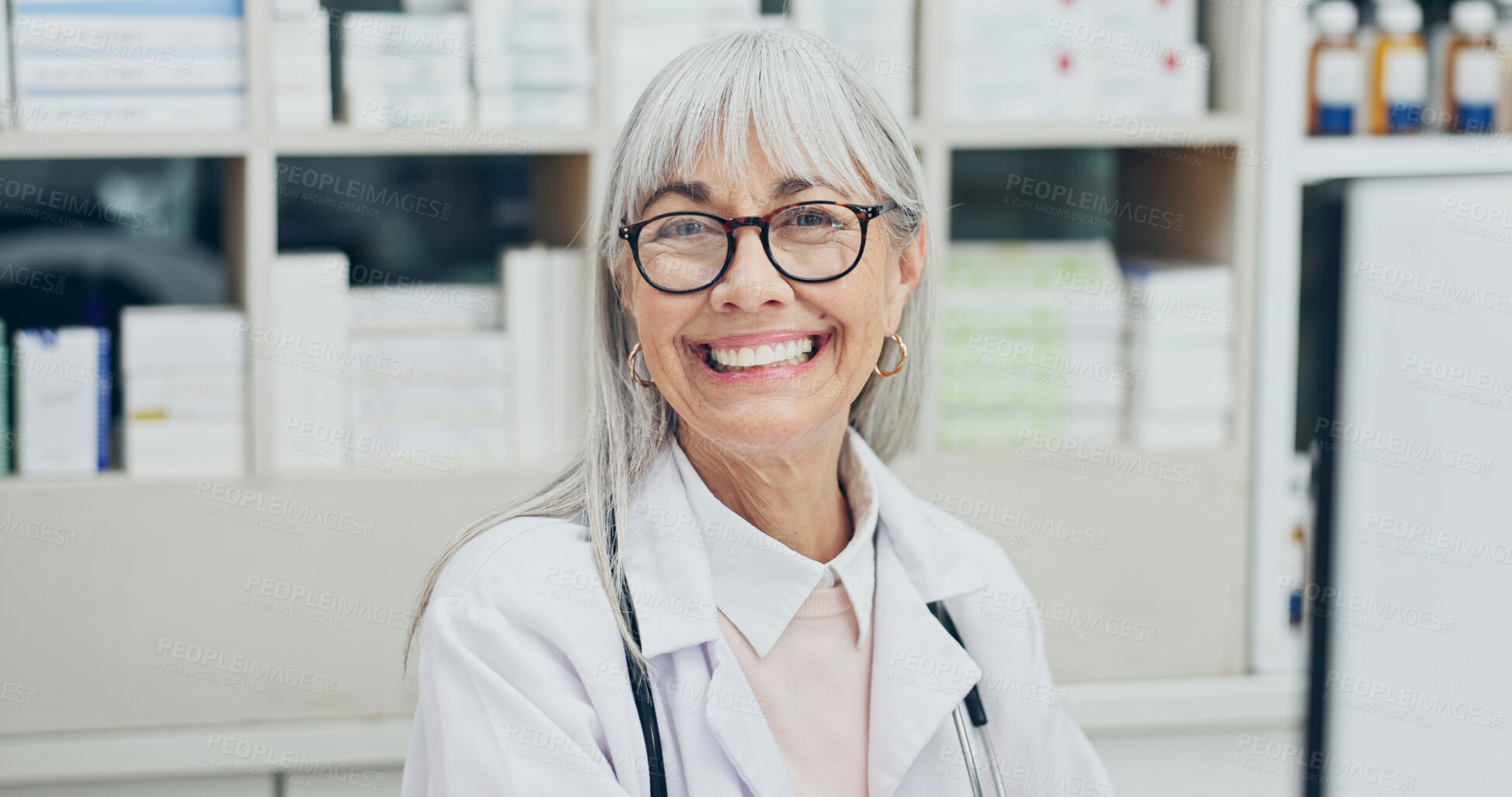 Buy stock photo Medical, portrait or pharmacist with smile, dispensary expert or pride as medicine specialist. Happy, doctor or mature woman with confidence, pharmaceutical care or about us in healthcare management.