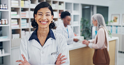 Buy stock photo Medical, portrait or pharmacist with arms crossed, dispensary expert or pride as medicine specialist. Happy, healthcare or woman with confidence, pharmaceutical care or about us in clinic management.