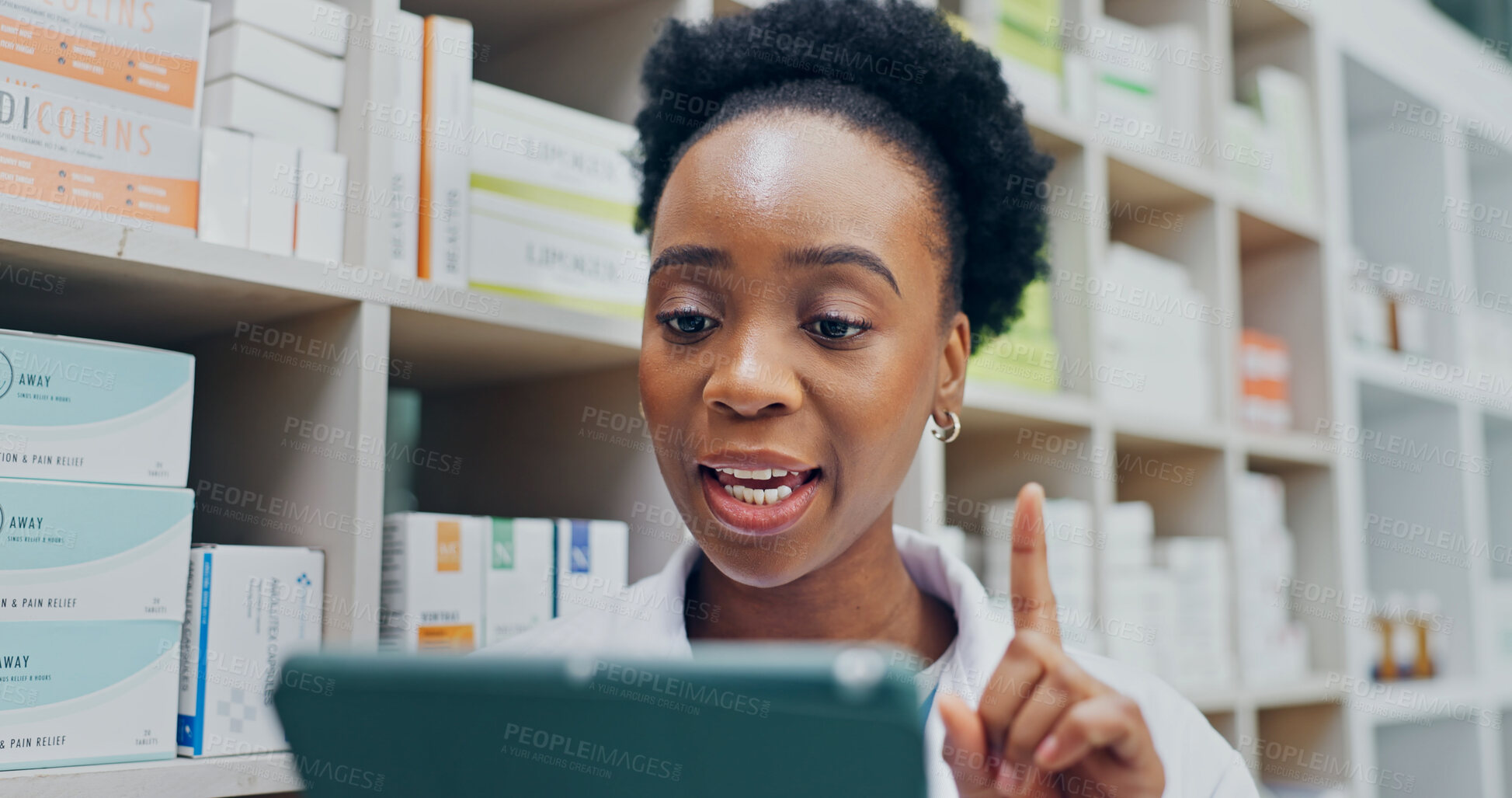 Buy stock photo Pharmacist, tablet and video call with shelf in pharmacy for Telehealth, online advice or help. Black woman, healthcare worker or instruction with technology in dispensary for medical assistance