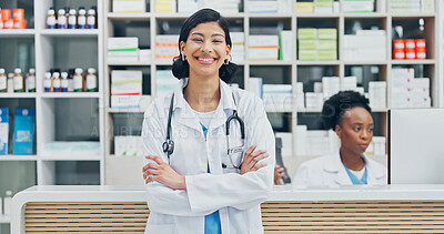 Buy stock photo Medical, portrait or pharmacist with arms crossed, dispensary expert or pride as medicine specialist. Happy, doctor or woman with confidence, pharmaceutical care or about us in healthcare management.