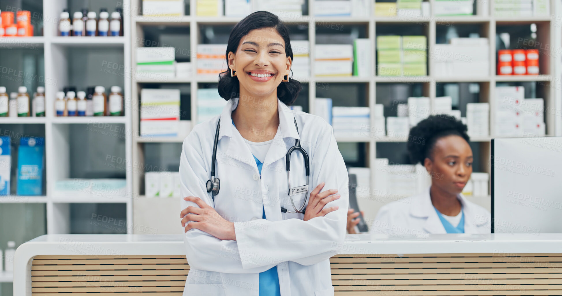 Buy stock photo Medical, portrait or pharmacist with arms crossed, dispensary expert or pride as medicine specialist. Happy, doctor or woman with confidence, pharmaceutical care or about us in healthcare management.