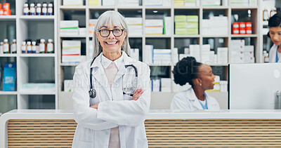 Buy stock photo Medical, portrait or woman with arms crossed, dispensary expert or pride as medicine specialist. Happy, health or mature doctor with confidence, pharmaceutical care or about us in clinic management.