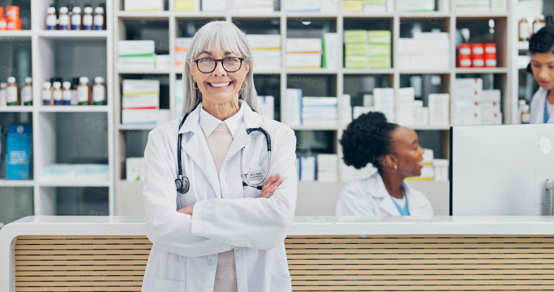 Buy stock photo Medical, portrait or woman with arms crossed, dispensary expert or pride as medicine specialist. Happy, health or mature doctor with confidence, pharmaceutical care or about us in clinic management.