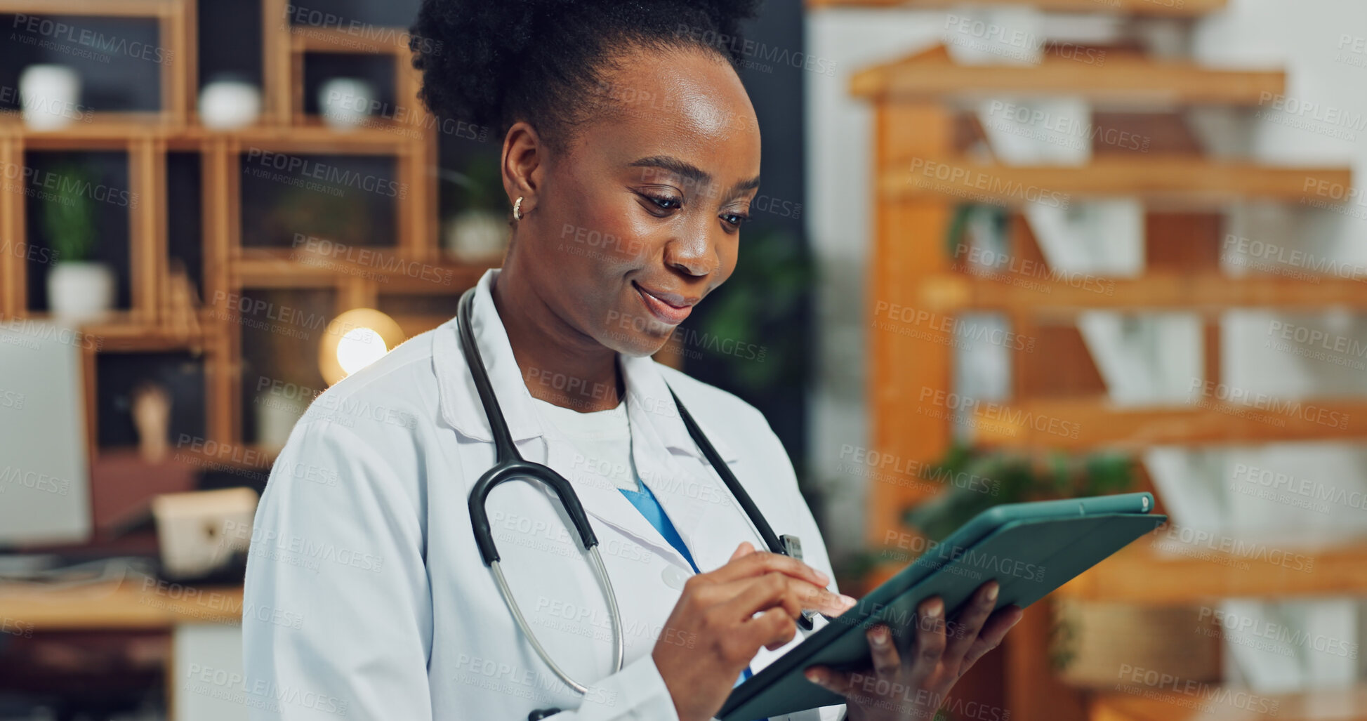 Buy stock photo Doctor, smile and woman with tablet in office, healthcare and reading treatment plan on web or info. Happy medical professional and black person with technology, online and scroll diagnosis in clinic