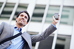 Happy, businessman and hailing with phone in city for taxi, travel or public transportation. Man, traveler or calling cab with smartphone or smile for pickup, ride or outdoor commute in an urban town