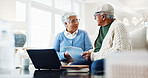 Senior, couple and documents with laptop in home for financial planning, tax or asset management. Elderly, man and woman with paper or computer for retirement finance, pension or insurance in house