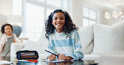 Buy stock photo Portrait, student and happy girl with homework for learning, school assessment or education. Learner, child or studying with paper, smile or stationery for exam, test or academic assignment in house