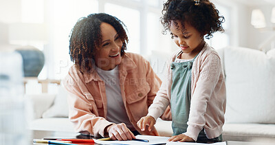 Buy stock photo Mom, child and learning with homework for education, childhood development or academic progress. Happy, mother or elementary school girl with documents or help for student assessment or assignment