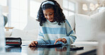 Happy, girl and elearning with tablet in home for online course, education or academic app. Child, kid or student with smile on technology for ebook, network connection or distance learning in house