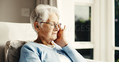 Buy stock photo Elderly, headache and woman with stress in retirement home for fatigue, insomnia or dementia. Senior, female person or pain with migraine or glasses for eye strain, pressure or vertigo in house