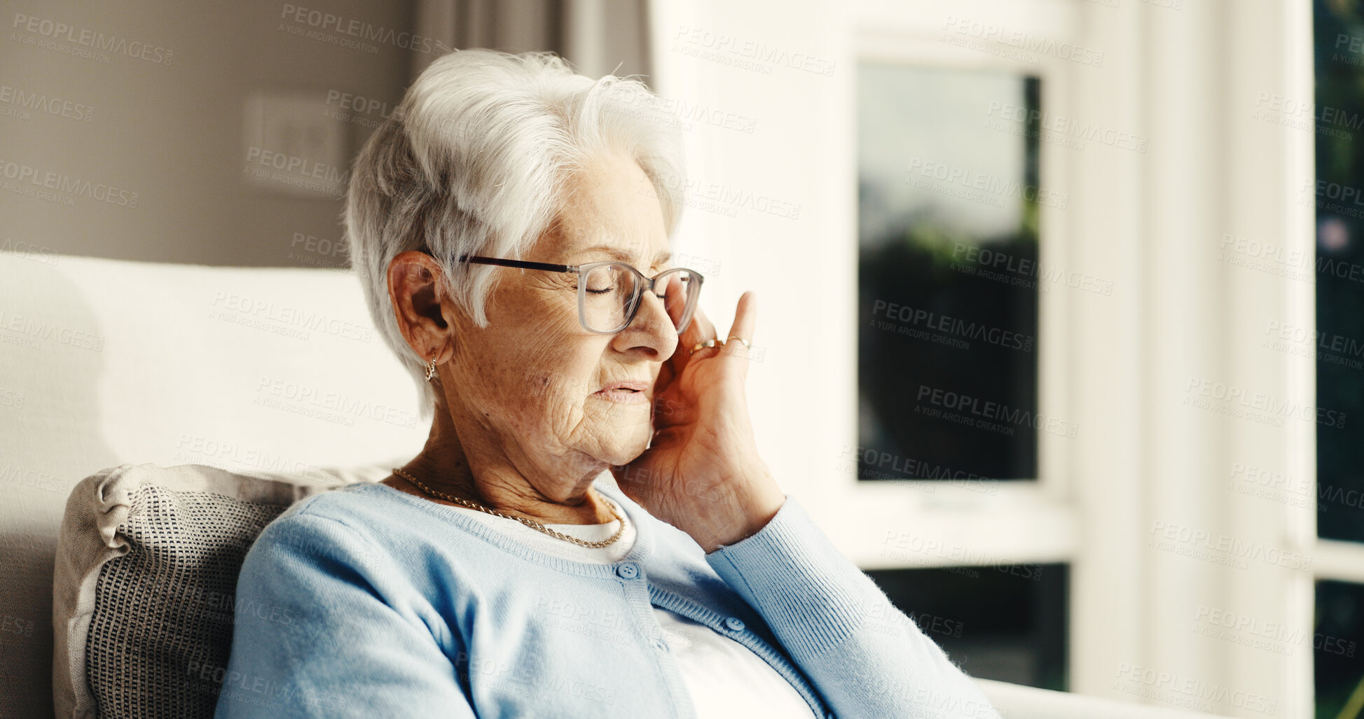 Buy stock photo Elderly, headache and woman with stress in retirement home for fatigue, insomnia or dementia. Senior, female person or pain with migraine or glasses for eye strain, pressure or vertigo in house