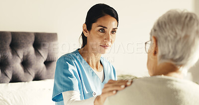 Buy stock photo Conversation, support and nurse with senior woman in bedroom at house for treatment planning. Discussion, comfort and caregiver with elderly patient for medical service or checkup in nursing home.