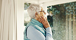 Thinking, window and senior woman in house with reflection, memory or reminder of retirement plan. Remember, nostalgia and elderly person in living room for choice or decision on pension in apartment