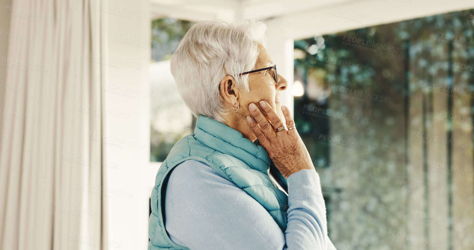 Buy stock photo Thinking, window and senior woman in house with reflection, memory or reminder of retirement plan. Remember, nostalgia and elderly person in living room for choice or decision on pension in apartment