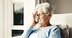 Senior, headache and woman with stress in retirement home for fatigue, insomnia or dementia. Elderly, female person or pain with migraine or glasses for eye strain, pressure or vertigo in house