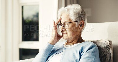 Buy stock photo Senior, headache and woman with stress in retirement home for fatigue, insomnia or dementia. Elderly, female person or pain with migraine or glasses for eye strain, pressure or vertigo in house