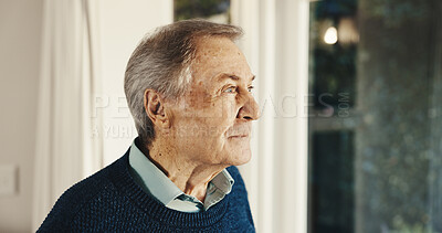 Buy stock photo Thinking, window and senior man in house with reflection, memory or reminder of retirement. Remember, relax and elderly person in home with nostalgia, choice or decision on pension in living room.
