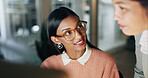 Smile, night and business women in office with collaboration on creative project with deadline. Happy, digital technology and editor with manager for feedback with online article at startup workplace