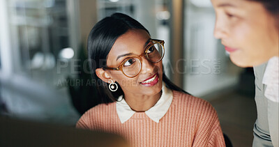 Buy stock photo Smile, night and business women in office with collaboration on creative project with deadline. Happy, digital technology and editor with manager for feedback with online article at startup workplace