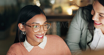 Buy stock photo Feedback, night and business women in office with collaboration on creative project with deadline. Happy, technology and editor with manager for review with online article at startup workplace.