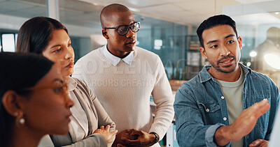 Buy stock photo Planning, discussion and business people in office at night with teamwork, research or brainstorming. Problem solving, deadline and group of creative editors at board for article project at startup.