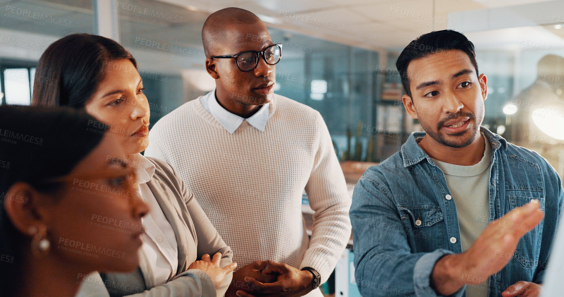 Buy stock photo Planning, discussion and business people in office at night with teamwork, research or brainstorming. Problem solving, deadline and group of creative editors at board for article project at startup.