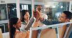High five, discussion and business people in office at night with teamwork, research or brainstorming. Problem solving, deadline and group of creative editors at board for article project at startup.