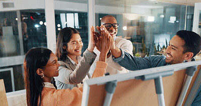 Buy stock photo High five, discussion and business people in office at night with teamwork, research or brainstorming. Problem solving, deadline and group of creative editors at board for article project at startup.