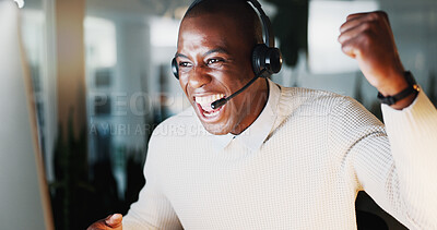 Buy stock photo Telemarketing, man and fist pump in office with computer, sales target and lead generation success. Happy, black person and celebration in call center with pc, customer acquisition and revenue goals.
