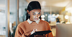 Office, tablet and business woman at night for project management, research and digital marketing. Creative, online and person on tech for website, planning and funding review for brand advertising