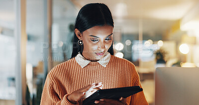 Buy stock photo Office, tablet and business woman at night for project management, research and digital marketing. Creative, online and person on tech for website, planning and funding review for brand advertising