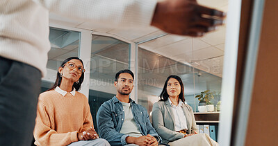 Buy stock photo Presentation, listening and business people in office with manager for meeting, workshop or planning. Creative, startup and workers with speaker for brand campaign, advertising and marketing ideas