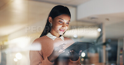 Buy stock photo Window, tablet and business woman in office for project management, research and marketing campaign. Night, happy and person on tech for website, planning and budget review for advertising fund