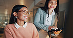 Tablet, night and business women in office with collaboration on creative project with deadline. Happy, technology and editor with manager for feedback with online article at startup workplace.