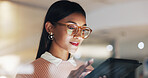 Office, tablet and business woman with glasses for project management, research and marketing campaign. Startup, night and person on tech for website, planning and brand awareness for advertising