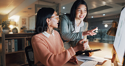 Buy stock photo Discussion, night and business women in office with collaboration on creative project with deadline. Happy, technology and editor with manager for feedback with online article at startup workplace.