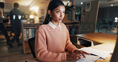 Buy stock photo Computer, typing and planning with business woman in office for night, revenue report and online review. Portfolio research, overtime and investor project with employee in agency for asset management
