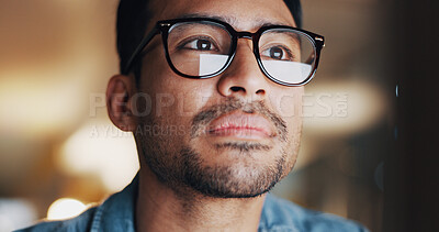 Buy stock photo Glasses, reading and online with business man in office for night, revenue report and planning. Portfolio research, overtime and investor project with employee in agency for asset management