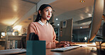 Computer, reading and typing with business woman in office for night, revenue report or planning. Portfolio research, overtime and investor project with employee in agency for online asset management